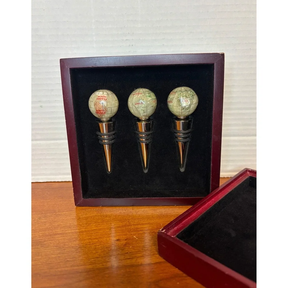 Vintage Gemstone Globe Wine Bottle Stoppers Set of 3 with Wood Gift Box
